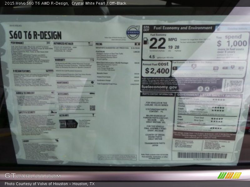  2015 S60 T6 AWD R-Design Window Sticker