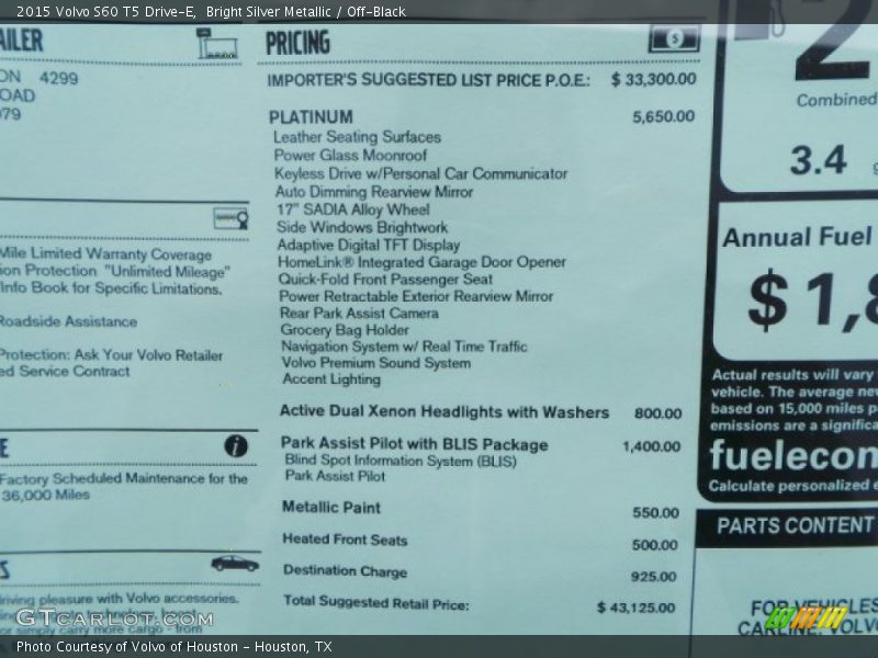 Bright Silver Metallic / Off-Black 2015 Volvo S60 T5 Drive-E