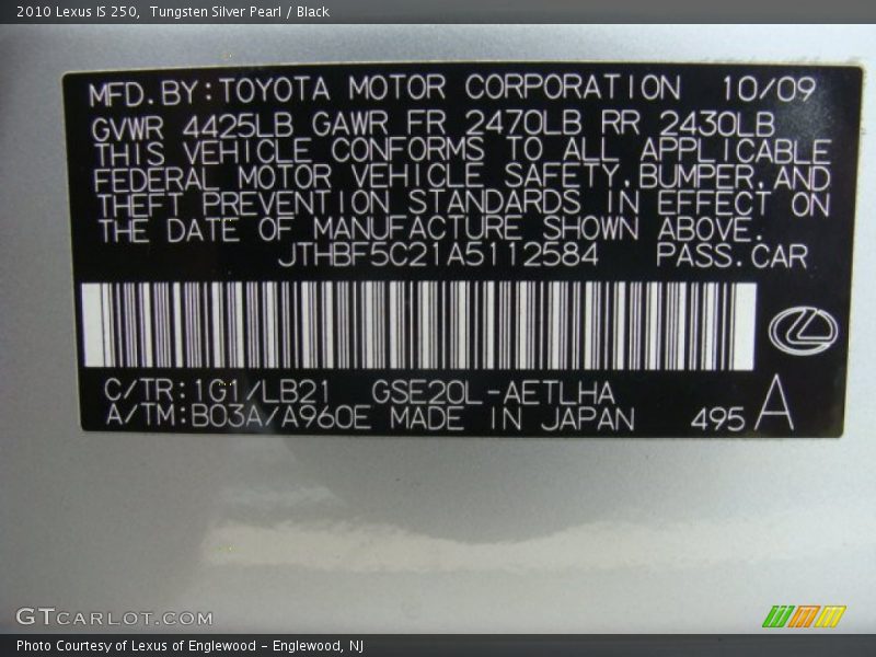 Tungsten Silver Pearl / Black 2010 Lexus IS 250
