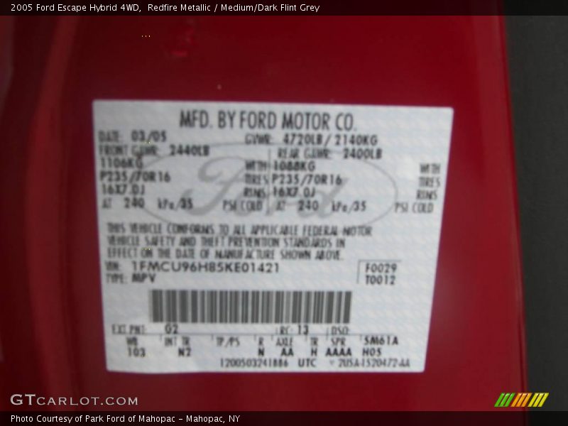 Redfire Metallic / Medium/Dark Flint Grey 2005 Ford Escape Hybrid 4WD