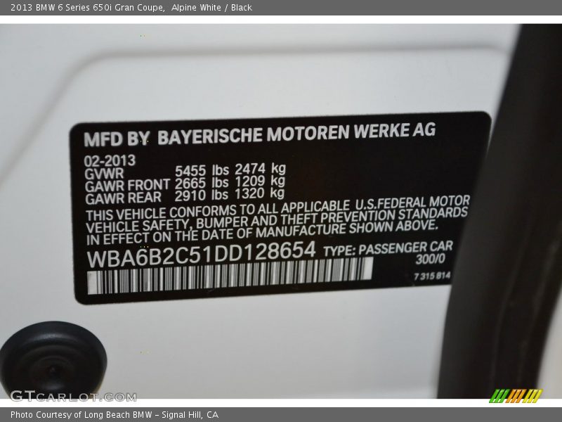Alpine White / Black 2013 BMW 6 Series 650i Gran Coupe