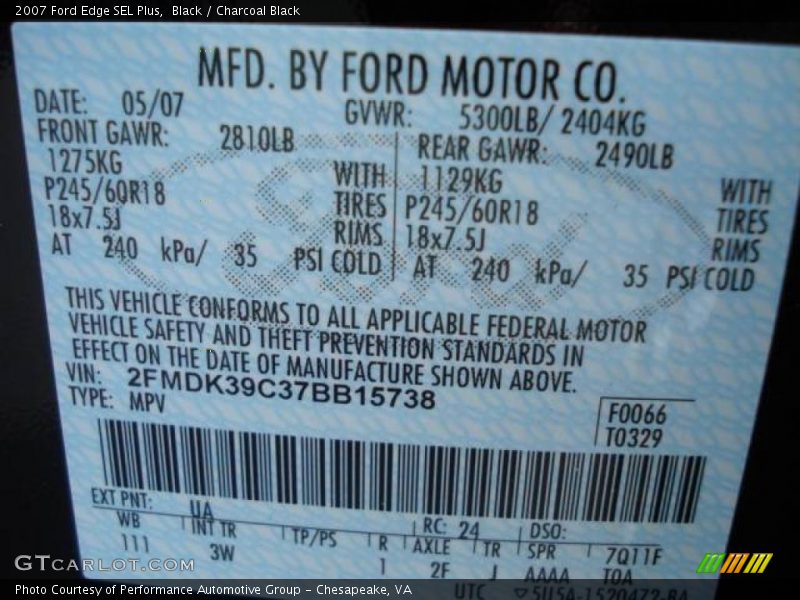 Black / Charcoal Black 2007 Ford Edge SEL Plus