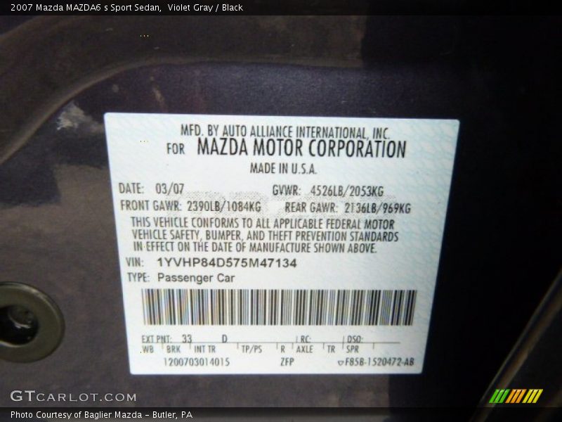 2007 MAZDA6 s Sport Sedan Violet Gray Color Code 33D