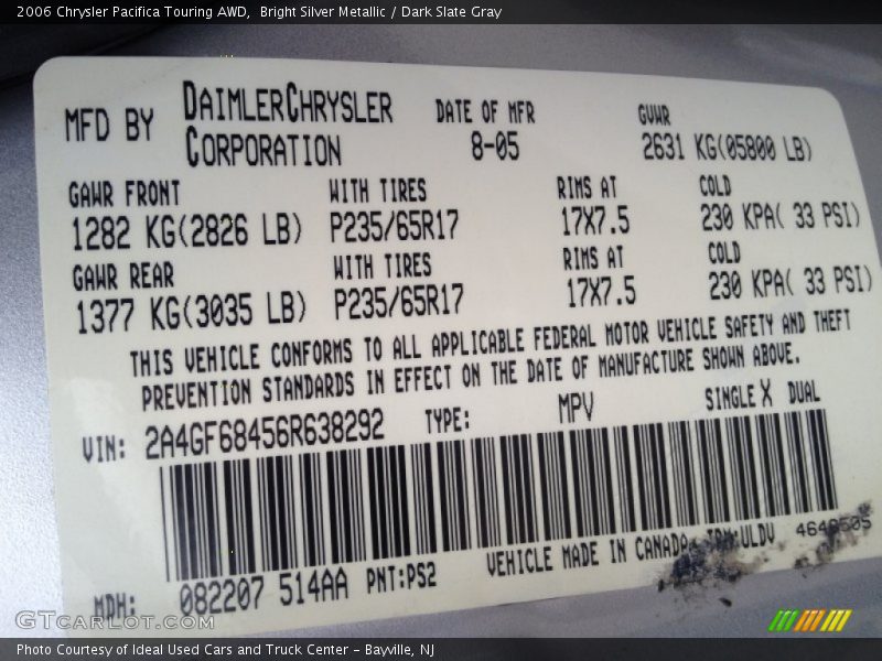 Bright Silver Metallic / Dark Slate Gray 2006 Chrysler Pacifica Touring AWD