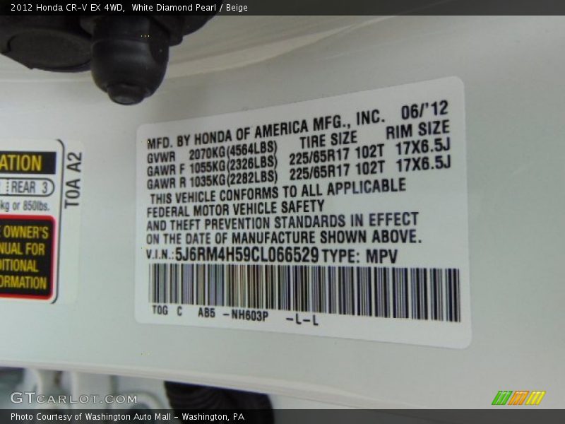 White Diamond Pearl / Beige 2012 Honda CR-V EX 4WD