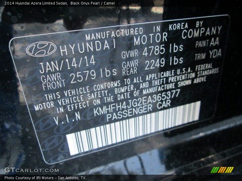 2014 Azera Limited Sedan Black Onyx Pearl Color Code AA