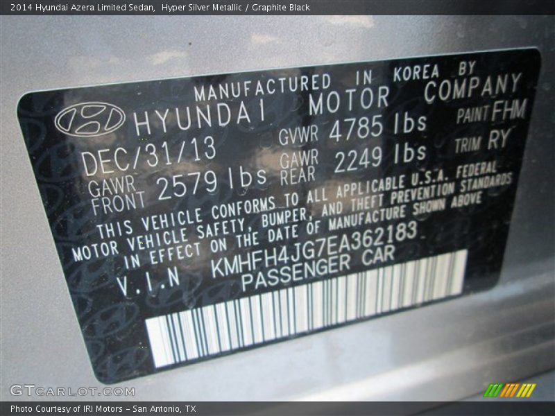 2014 Azera Limited Sedan Hyper Silver Metallic Color Code FHM