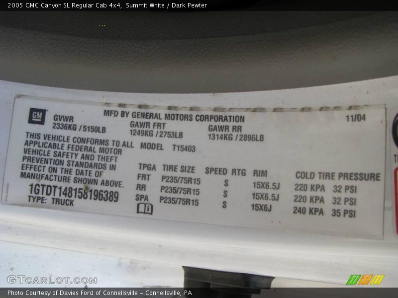 Summit White / Dark Pewter 2005 GMC Canyon SL Regular Cab 4x4