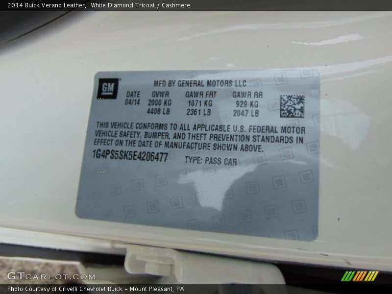 White Diamond Tricoat / Cashmere 2014 Buick Verano Leather