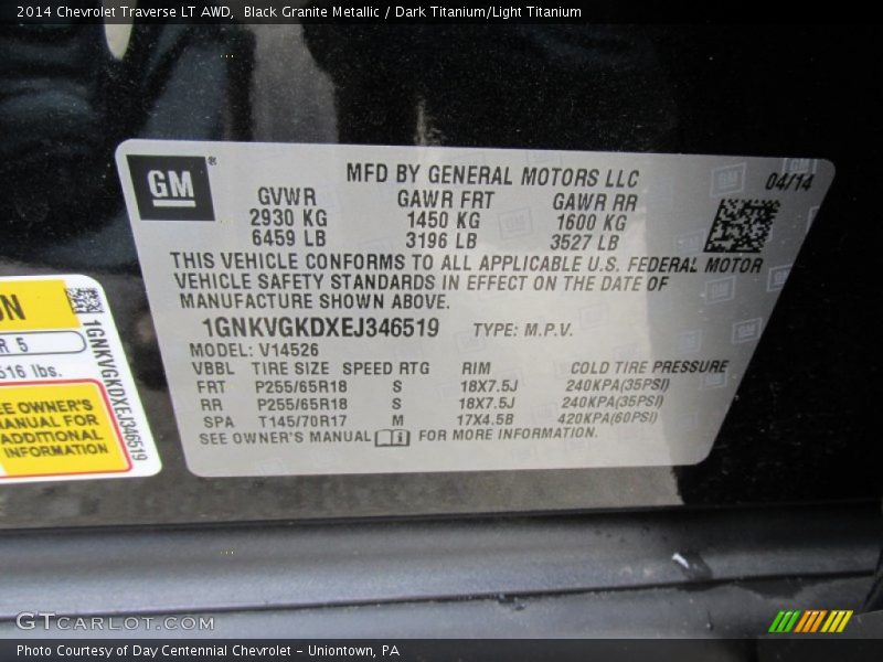 Black Granite Metallic / Dark Titanium/Light Titanium 2014 Chevrolet Traverse LT AWD