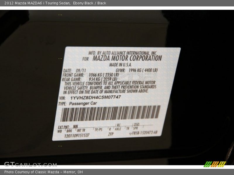 Ebony Black / Black 2012 Mazda MAZDA6 i Touring Sedan