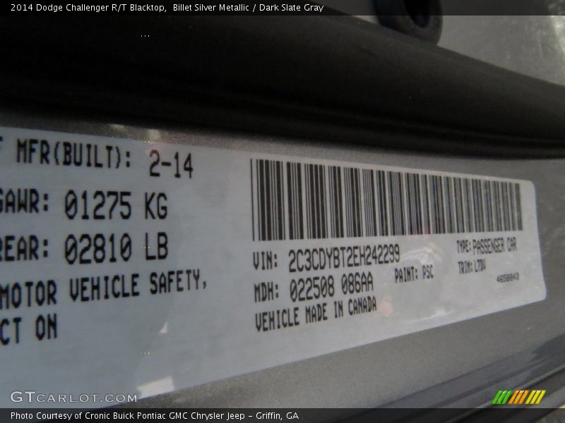 Billet Silver Metallic / Dark Slate Gray 2014 Dodge Challenger R/T Blacktop