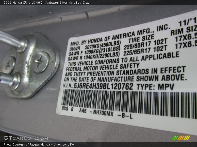 Alabaster Silver Metallic / Gray 2011 Honda CR-V LX 4WD