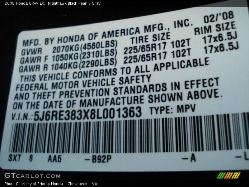 Nighthawk Black Pearl / Gray 2008 Honda CR-V LX