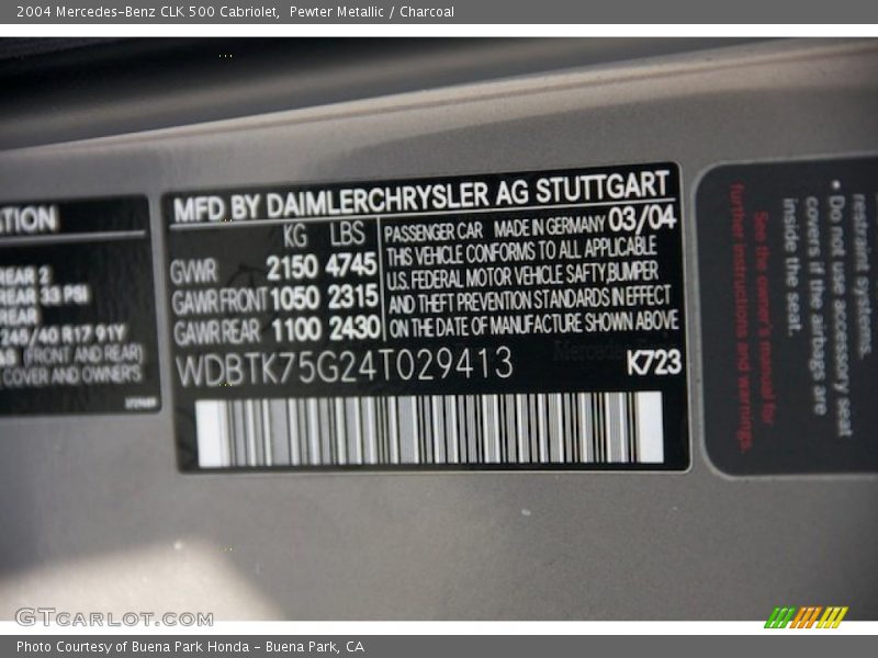 Pewter Metallic / Charcoal 2004 Mercedes-Benz CLK 500 Cabriolet