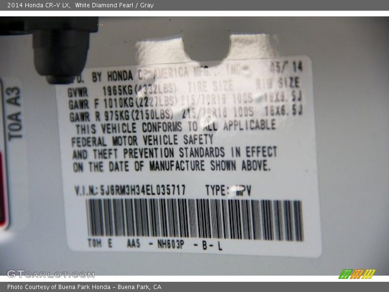 White Diamond Pearl / Gray 2014 Honda CR-V LX