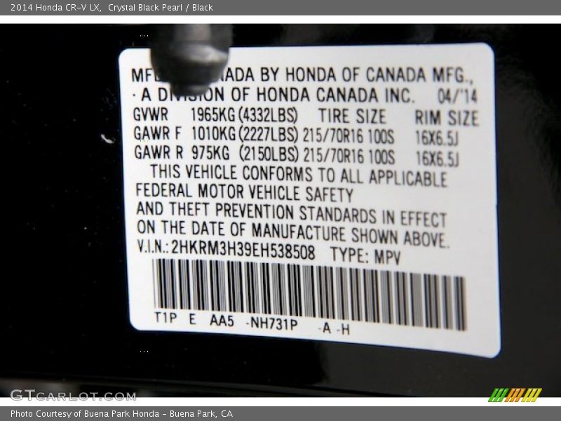 Crystal Black Pearl / Black 2014 Honda CR-V LX