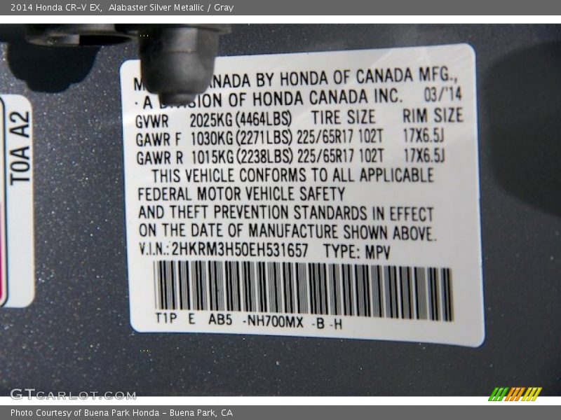Alabaster Silver Metallic / Gray 2014 Honda CR-V EX