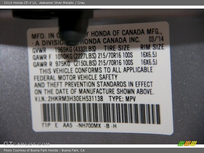 Alabaster Silver Metallic / Gray 2014 Honda CR-V LX