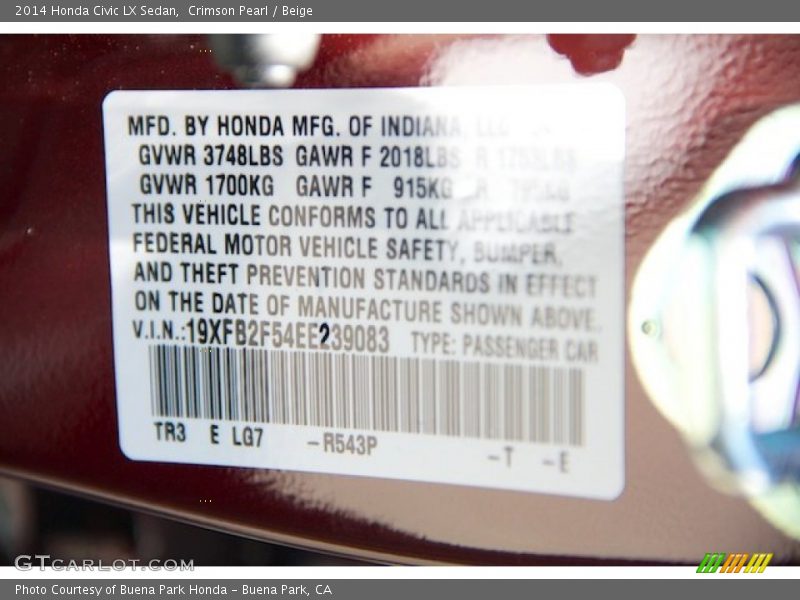 Crimson Pearl / Beige 2014 Honda Civic LX Sedan