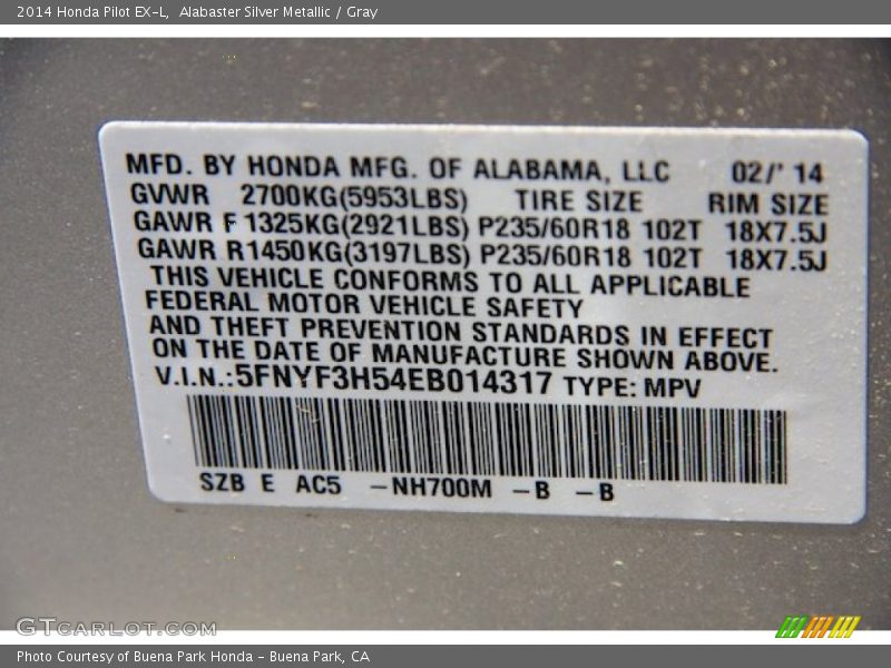 Alabaster Silver Metallic / Gray 2014 Honda Pilot EX-L