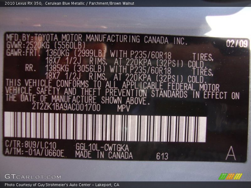 2010 RX 350 Cerulean Blue Metallic Color Code 8U9