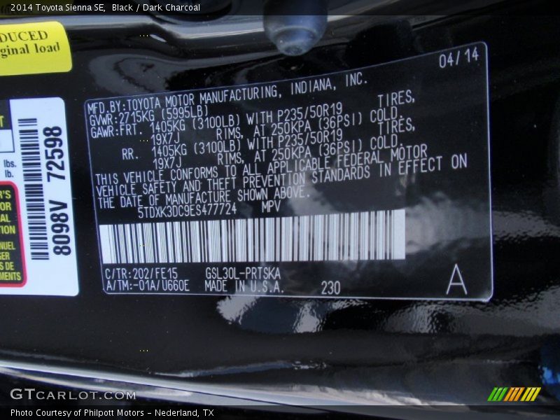 Black / Dark Charcoal 2014 Toyota Sienna SE
