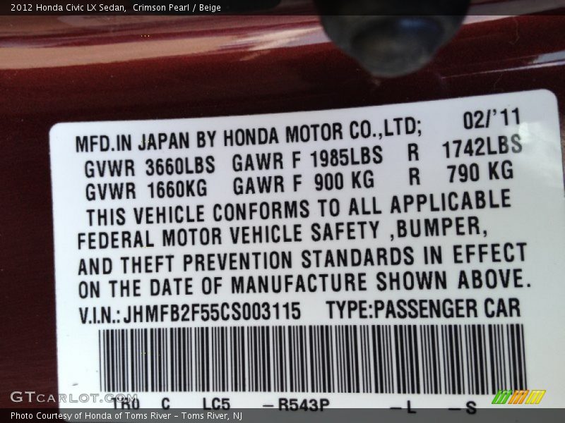 Crimson Pearl / Beige 2012 Honda Civic LX Sedan
