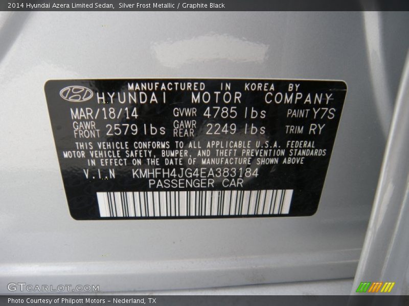 Silver Frost Metallic / Graphite Black 2014 Hyundai Azera Limited Sedan