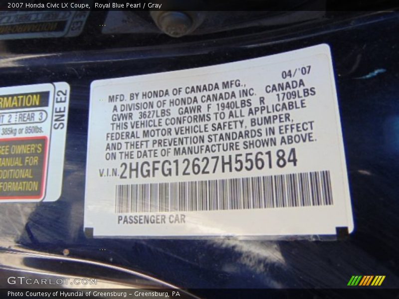 Royal Blue Pearl / Gray 2007 Honda Civic LX Coupe