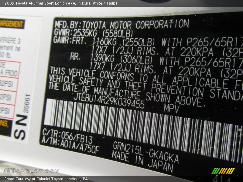 Natural White / Taupe 2009 Toyota 4Runner Sport Edition 4x4