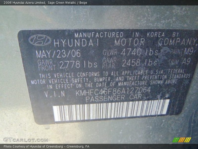 Sage Green Metallic / Beige 2006 Hyundai Azera Limited