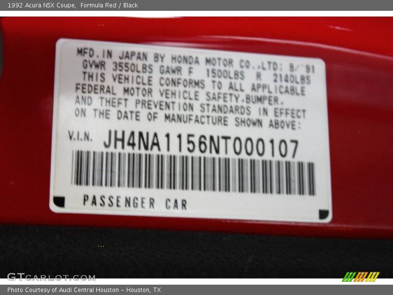 Info Tag of 1992 NSX Coupe