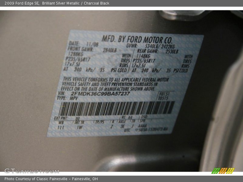 Brilliant Silver Metallic / Charcoal Black 2009 Ford Edge SE