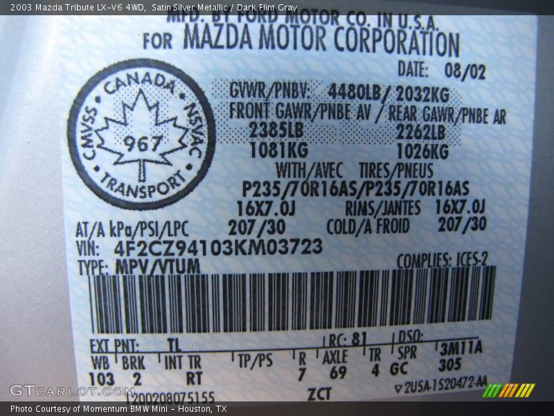 Satin Silver Metallic / Dark Flint Gray 2003 Mazda Tribute LX-V6 4WD