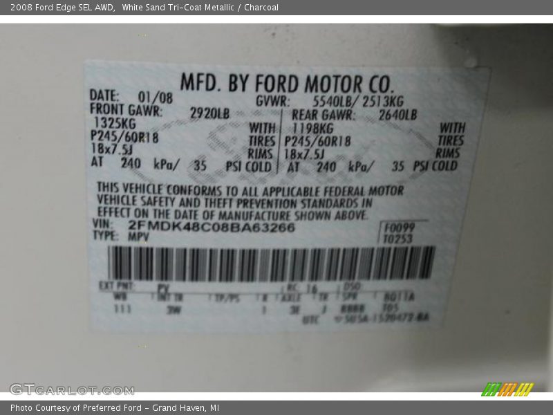 White Sand Tri-Coat Metallic / Charcoal 2008 Ford Edge SEL AWD