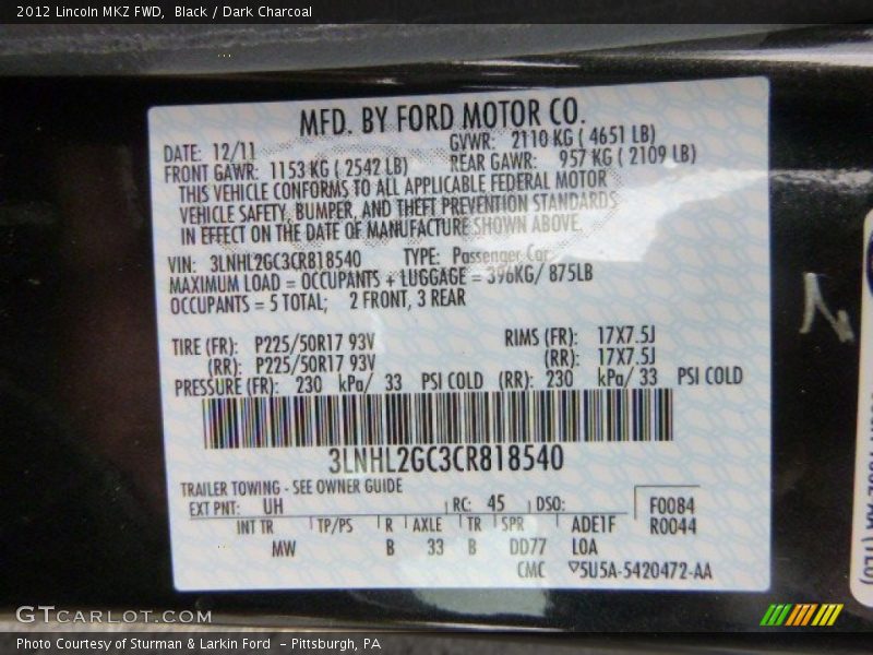 Black / Dark Charcoal 2012 Lincoln MKZ FWD