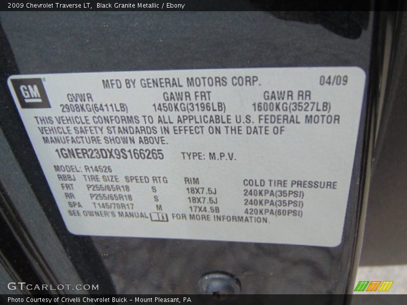 Black Granite Metallic / Ebony 2009 Chevrolet Traverse LT