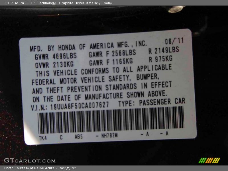 Graphite Luster Metallic / Ebony 2012 Acura TL 3.5 Technology