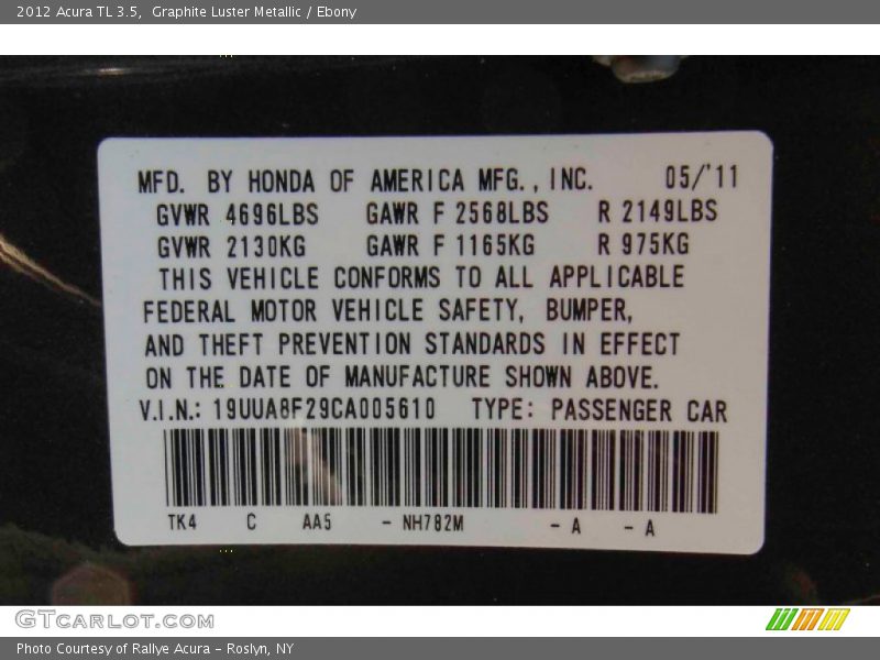 Graphite Luster Metallic / Ebony 2012 Acura TL 3.5