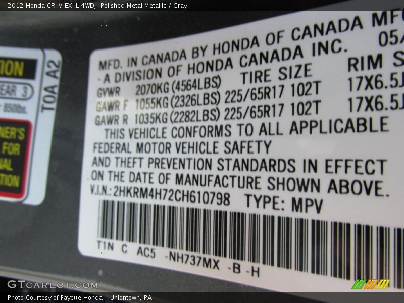 Polished Metal Metallic / Gray 2012 Honda CR-V EX-L 4WD