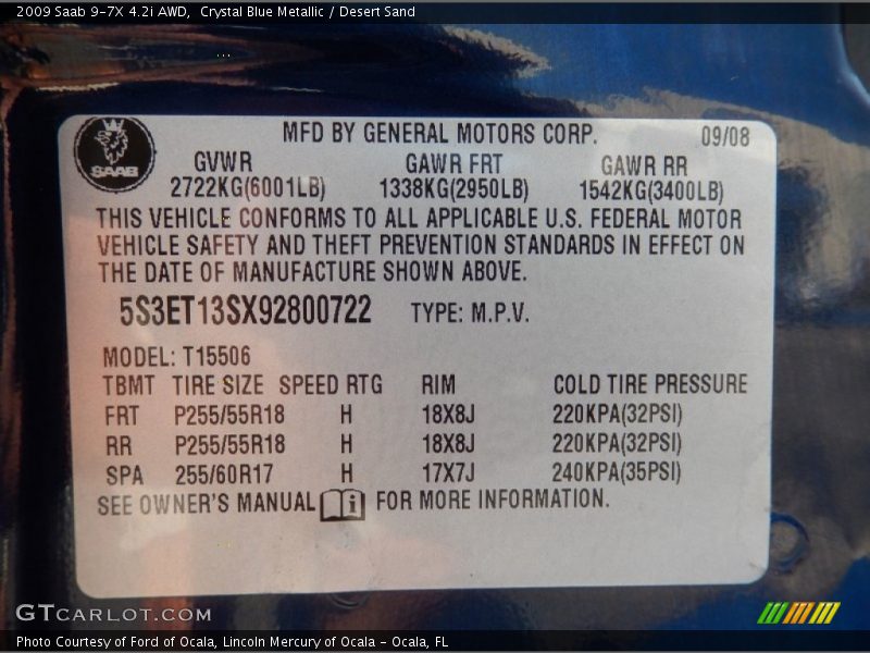 Crystal Blue Metallic / Desert Sand 2009 Saab 9-7X 4.2i AWD