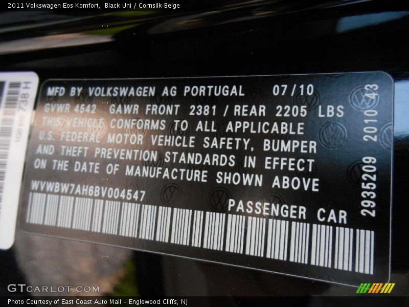 Black Uni / Cornsilk Beige 2011 Volkswagen Eos Komfort