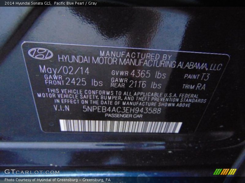 Pacific Blue Pearl / Gray 2014 Hyundai Sonata GLS