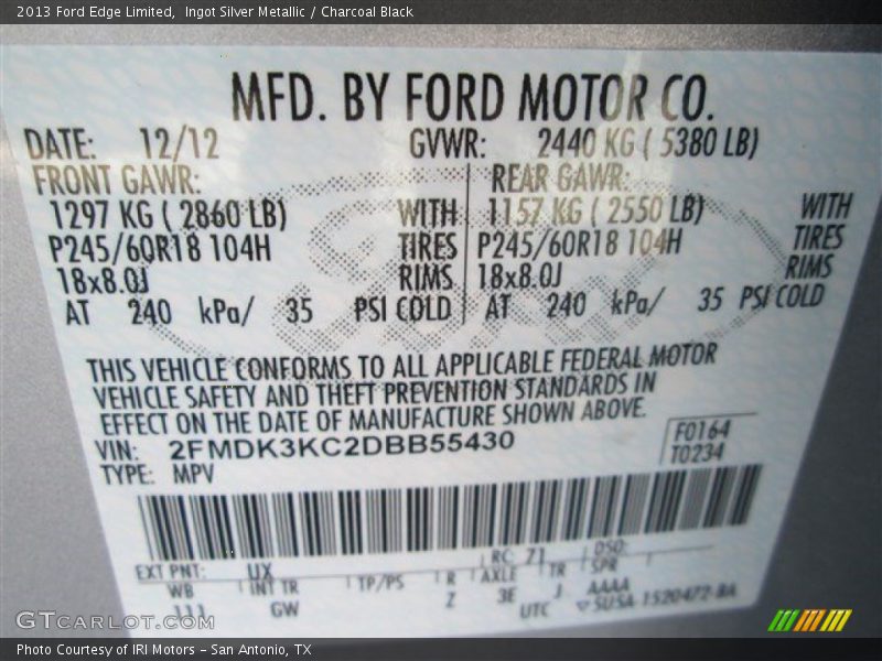 Ingot Silver Metallic / Charcoal Black 2013 Ford Edge Limited