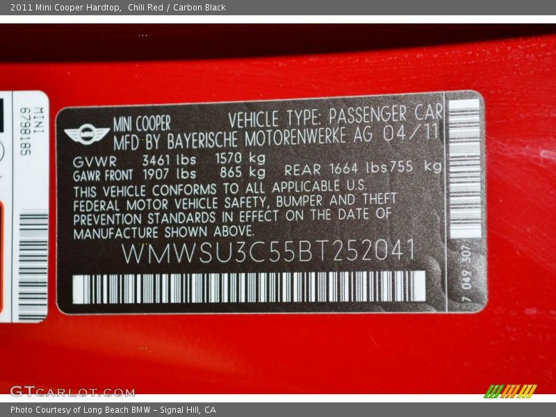 Chili Red / Carbon Black 2011 Mini Cooper Hardtop