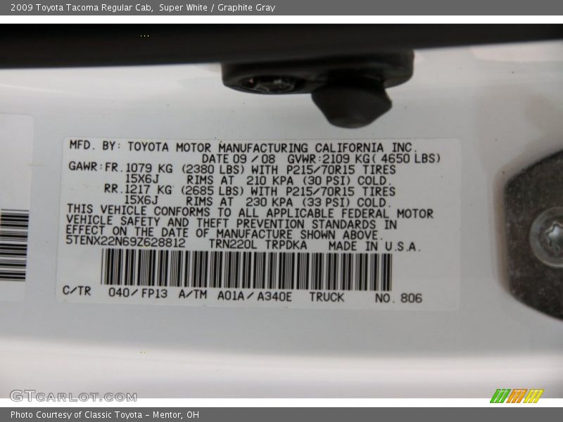 Super White / Graphite Gray 2009 Toyota Tacoma Regular Cab