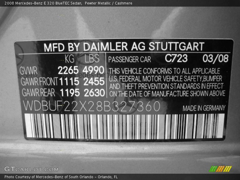 2008 E 320 BlueTEC Sedan Pewter Metallic Color Code 723