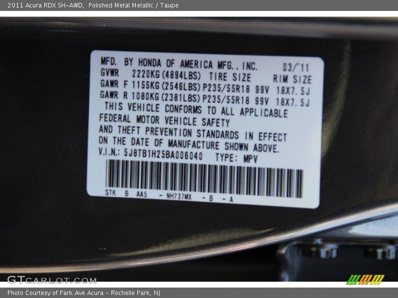 Polished Metal Metallic / Taupe 2011 Acura RDX SH-AWD