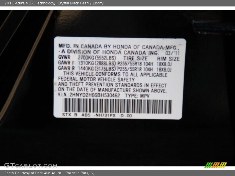 Crystal Black Pearl / Ebony 2011 Acura MDX Technology
